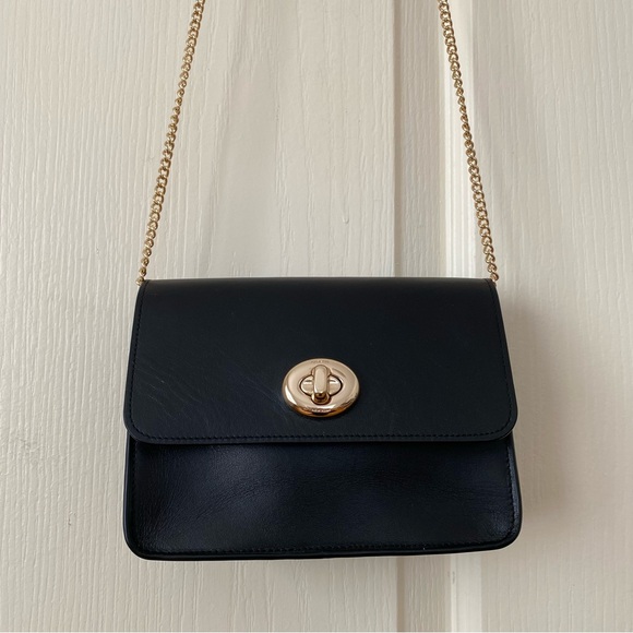 Coach Bowery Refined Black Calf Leather Turnlock Gold Chain Strap Crossbody Bag - Picture 1 of 12